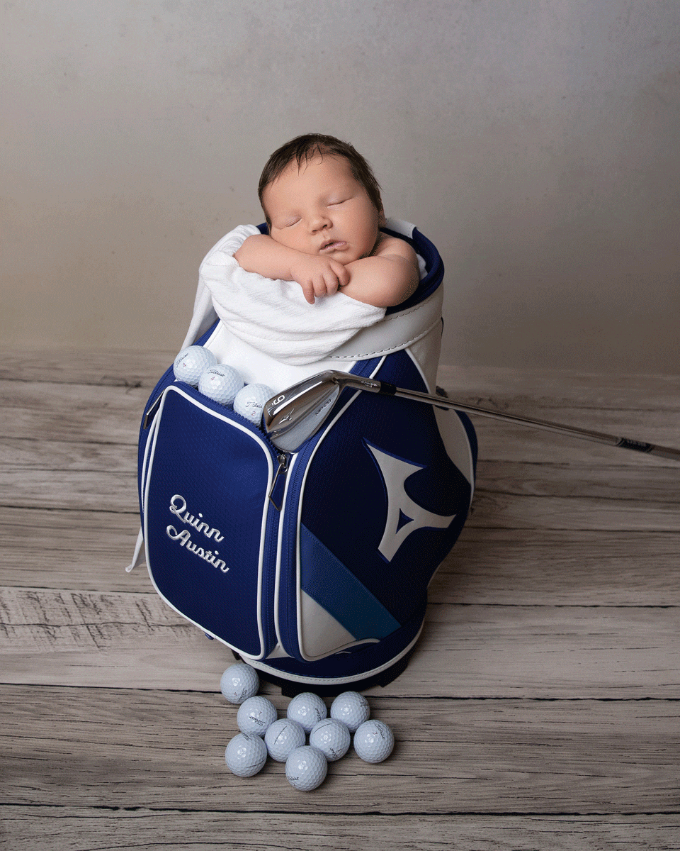 newborn photo ideas golf bag