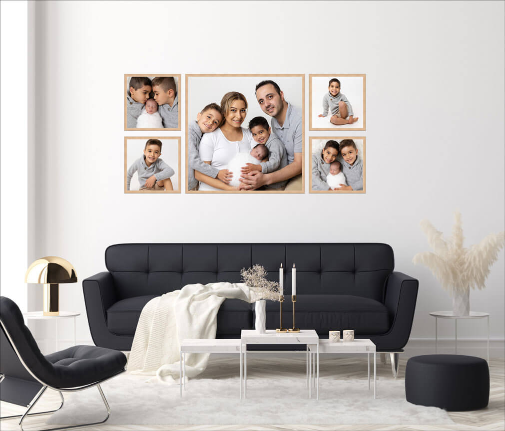 family photos hung up in living room