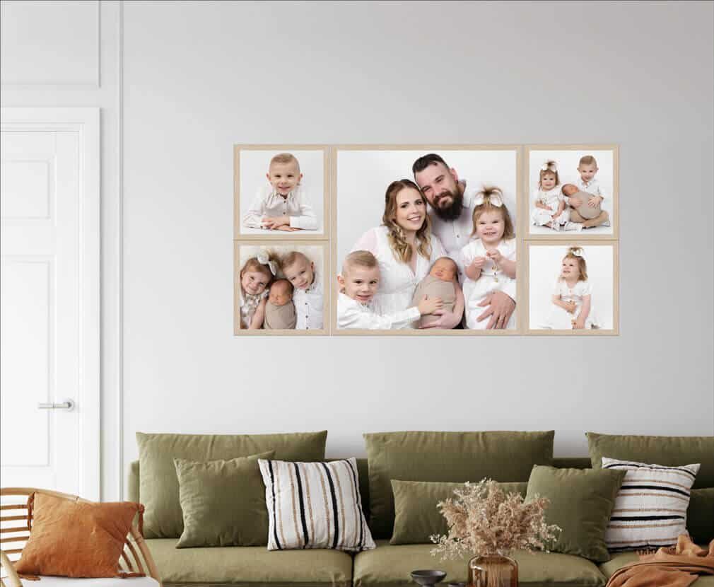 Family photos hung up in living room