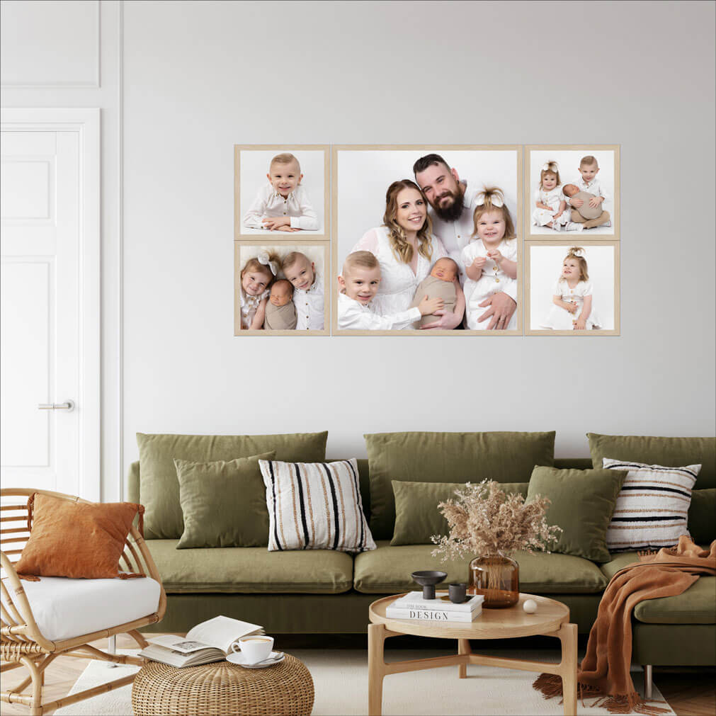 Family photos hung up in living room
