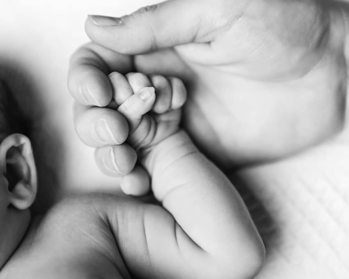 close up black and white newborn baby hands in parents hand