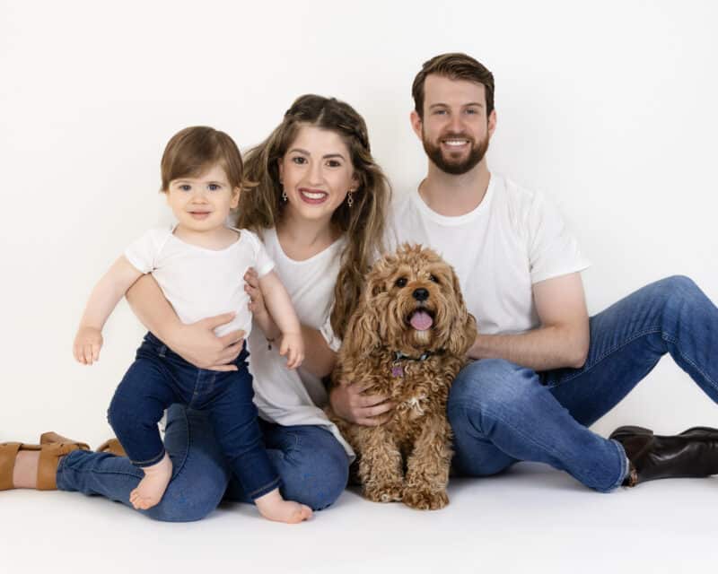 family photo with brown fluffy dog