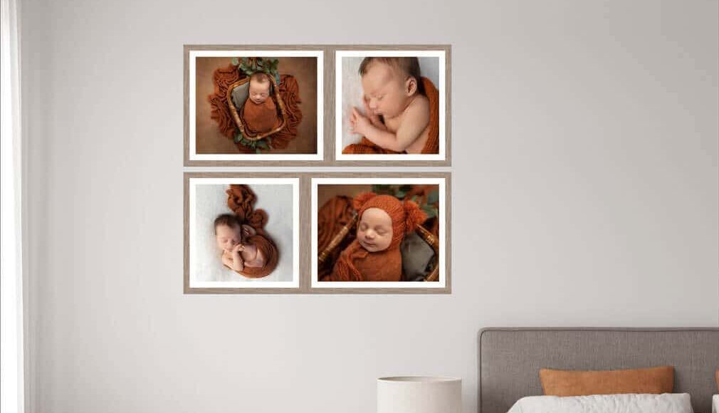 newborn photos hung up in bedroom