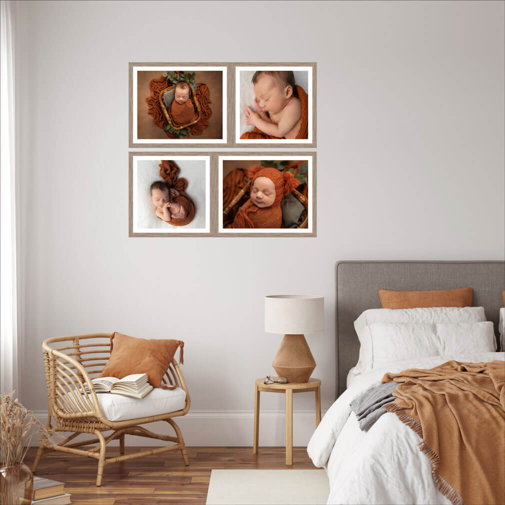 newborn photos hung up in bedroom
