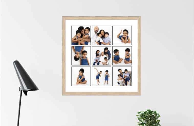 family photo collage hung up in house